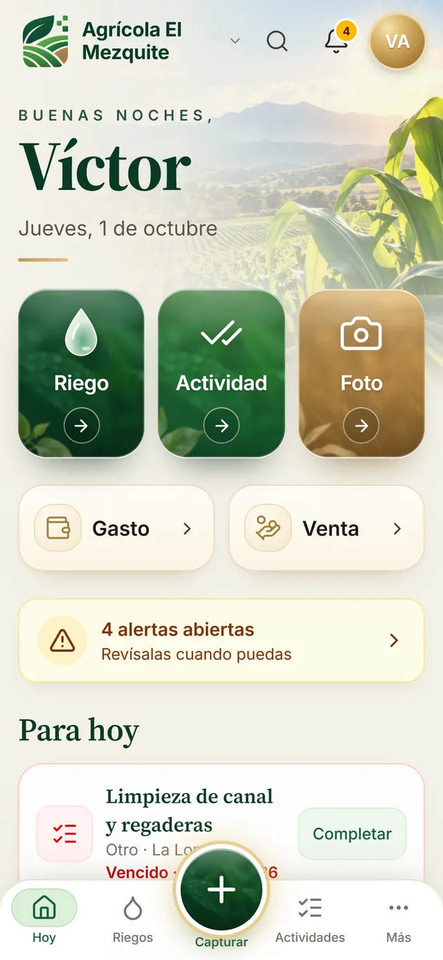 Pantalla Hoy en el celular con botones de riego, actividad, foto, gasto y venta